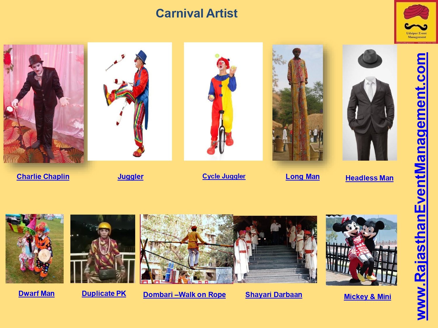 Carnival Artist Acts — Charlie Chaplin, Mickey, Juggler & Dombari
